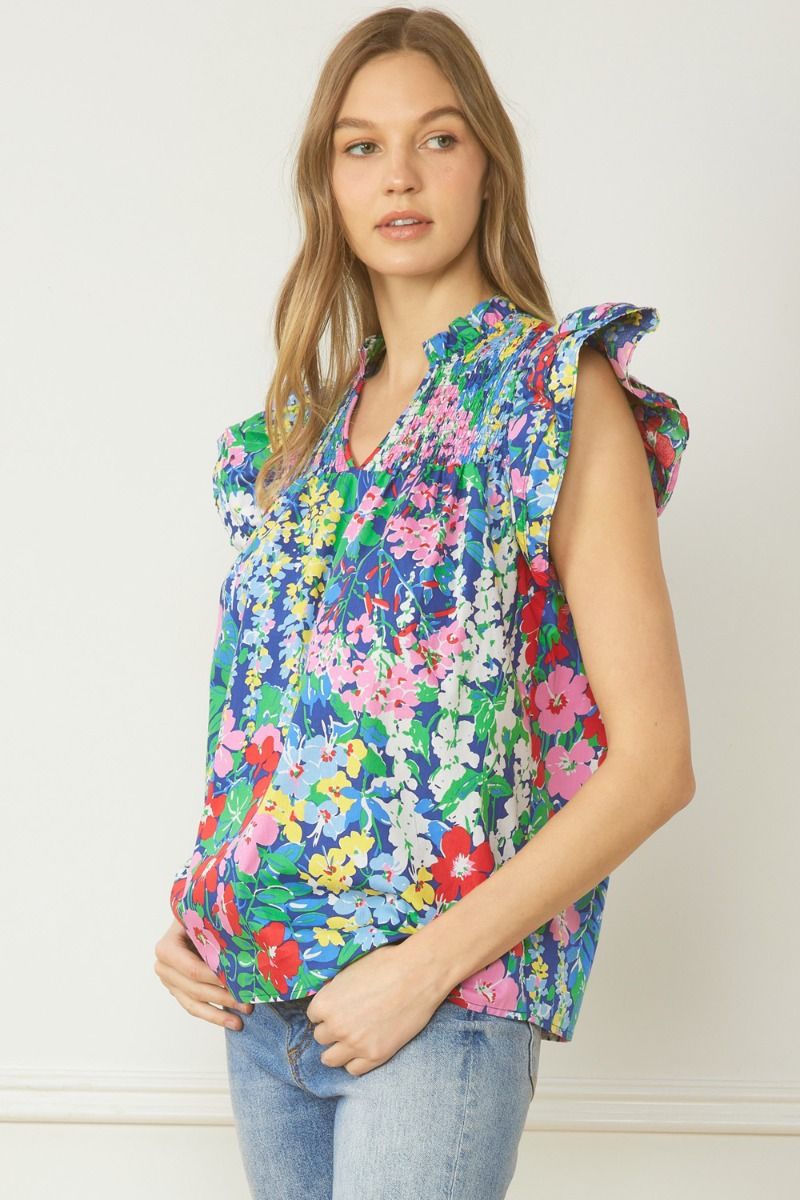 AAA Floral print v-neck ruffle sleeve top featuring smocking at front and back