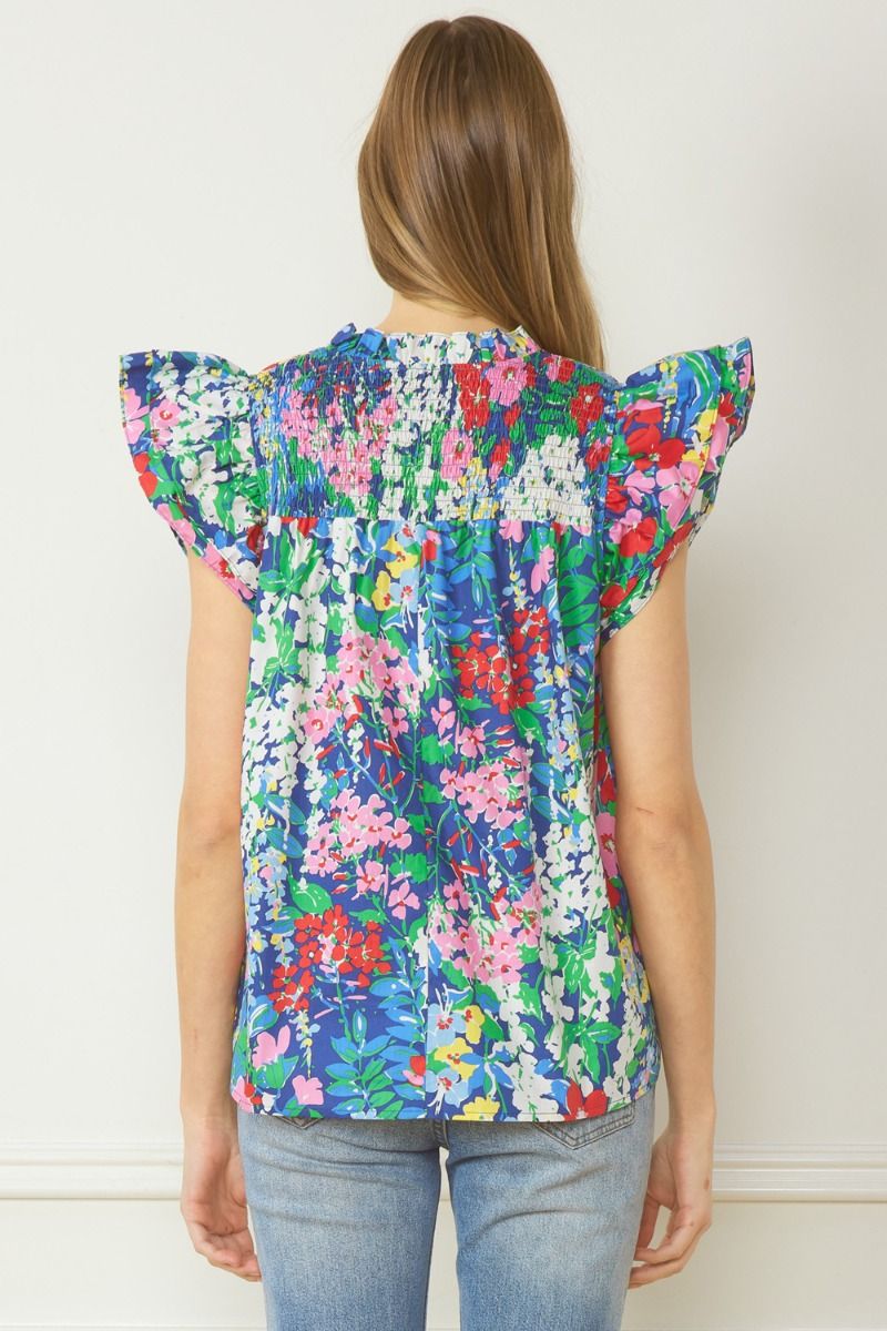 AAA Floral print v-neck ruffle sleeve top featuring smocking at front and back