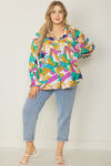 Print v-neck button up long sleeve top -  Curvy Size