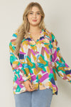 Print v-neck button up long sleeve top -  Curvy Size