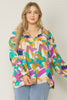 Print v-neck button up long sleeve top -  Curvy Size
