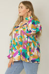 Print v-neck button up long sleeve top -  Curvy Size