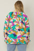 Print v-neck button up long sleeve top -  Curvy Size