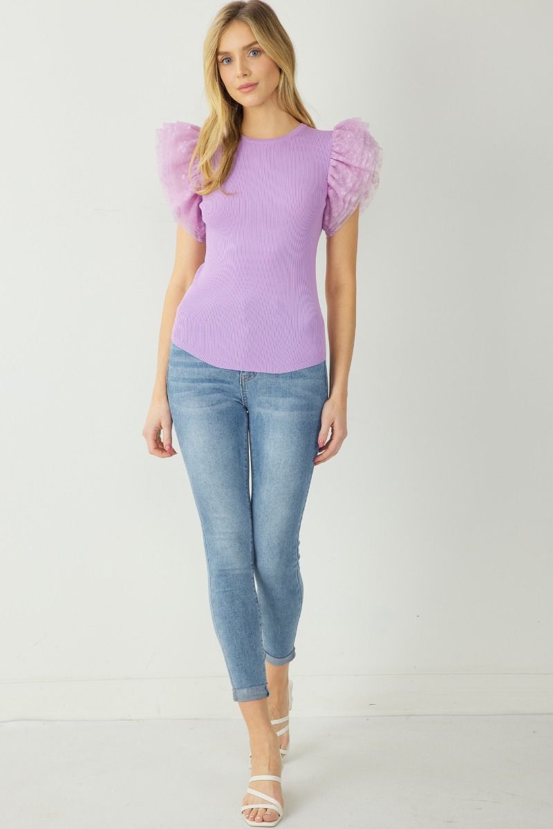SALE Round Neck Top featuring contrast embroidered mesh ruffle sleeves.