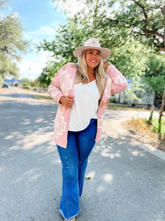 Aztec Reversible Cardigan - Taos Color - Curvy Size - Blush & Cactus