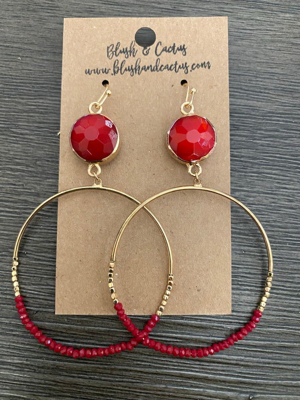 SALE Red Beaded Hoop Earrings