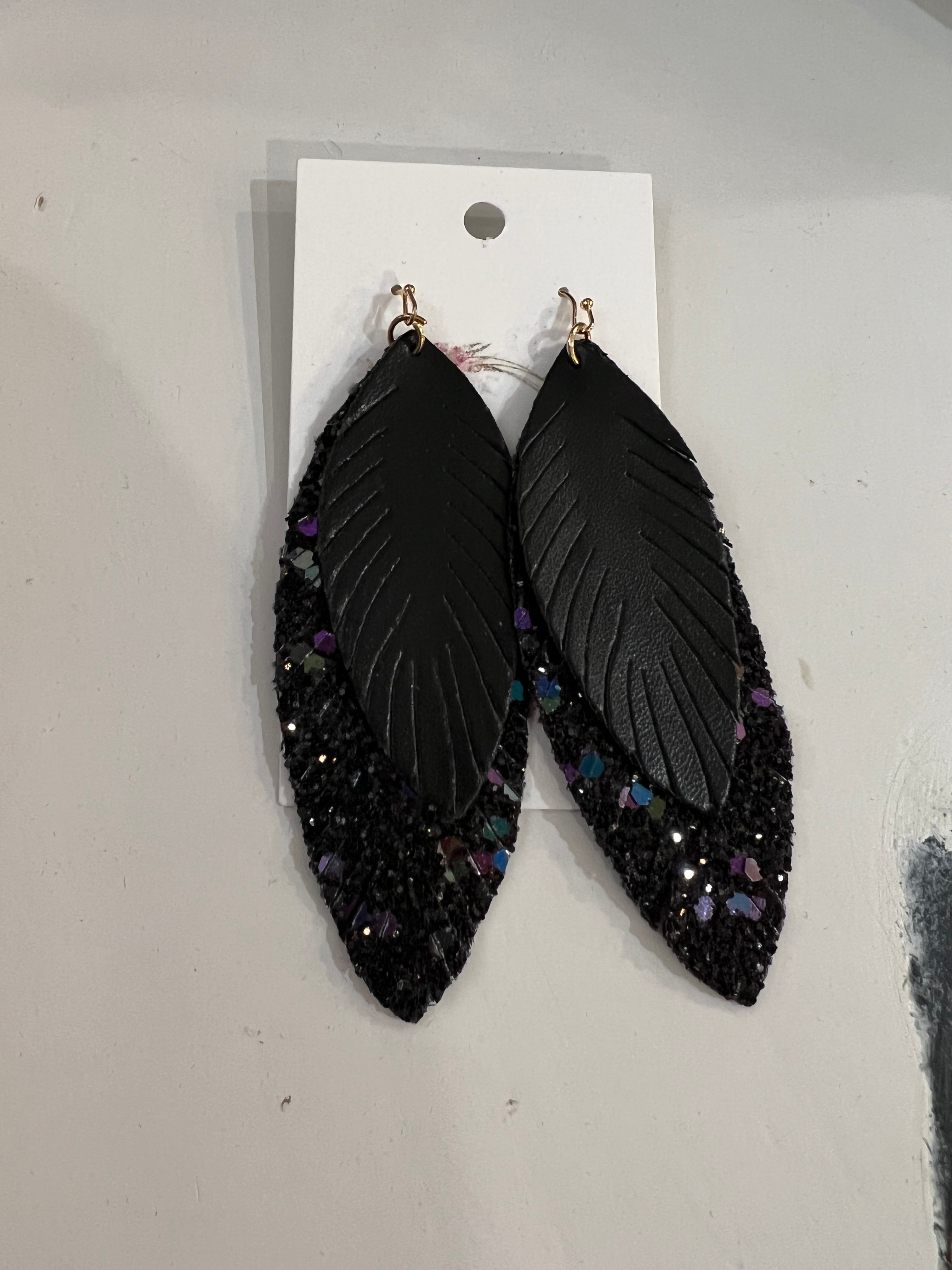 NEW Black Feather Glitter Earrings
