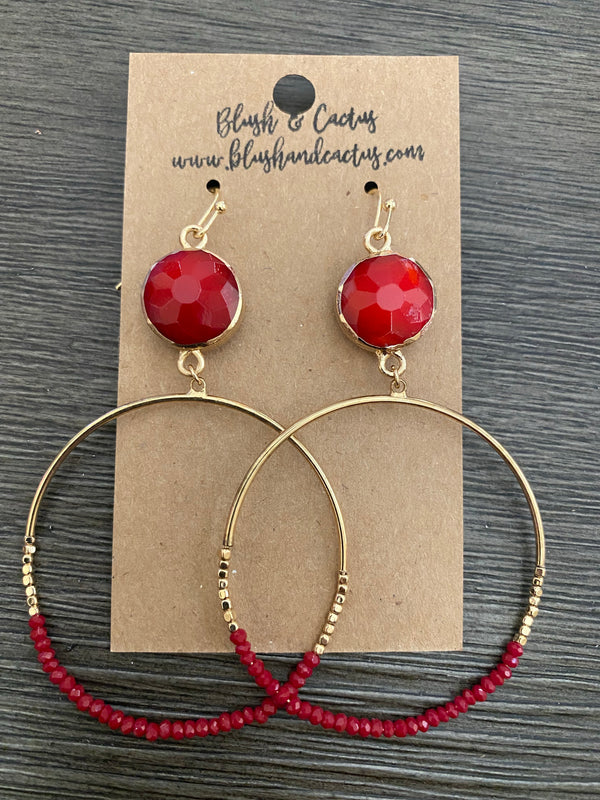 SALE Red Beaded Hoop Earrings