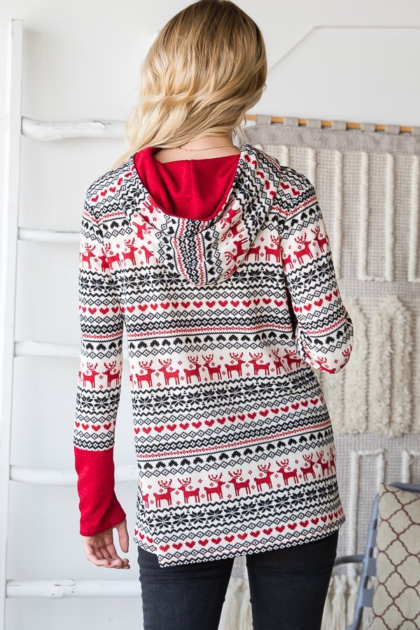 SALE Long Sleeve Drawstring Hood Christmas Reindeer Print Hoodie - Blush & Cactus