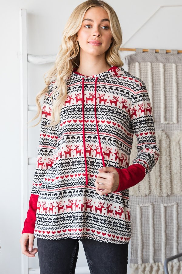 SALE Long Sleeve Drawstring Hood Christmas Reindeer Print Hoodie - Blush & Cactus