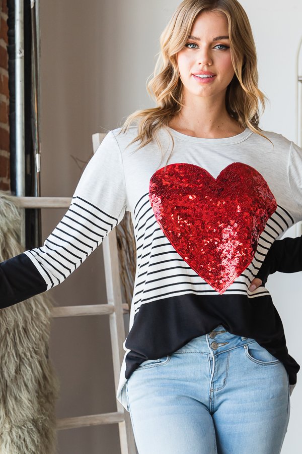 Valentine Stripe Sequin Red Heart Top