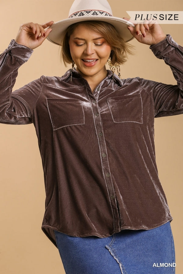 Long Sleeve Velvet Button up Top with Pockets - Curvy size